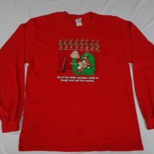 RUBES COMIC RUDOLPH USED TO LAUGH CHRISTMAS LONG SLEEVE RED LARGE T-SHIRT L365